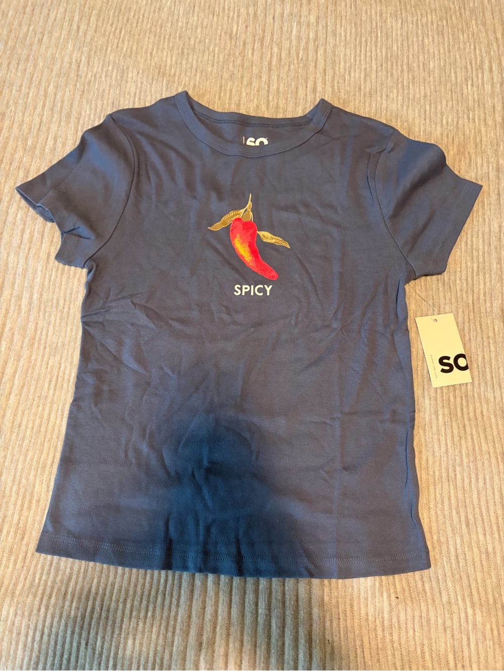 NWT Kohl's So Dark Blue Chili Pepper Baby Tee with Spicy Slogan Text, Size Large